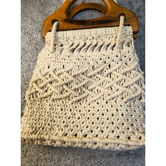 Vintage Handmade Macrame Crossbody Bag With Wooden Handles & Braided Strap - Picture 8 of 9